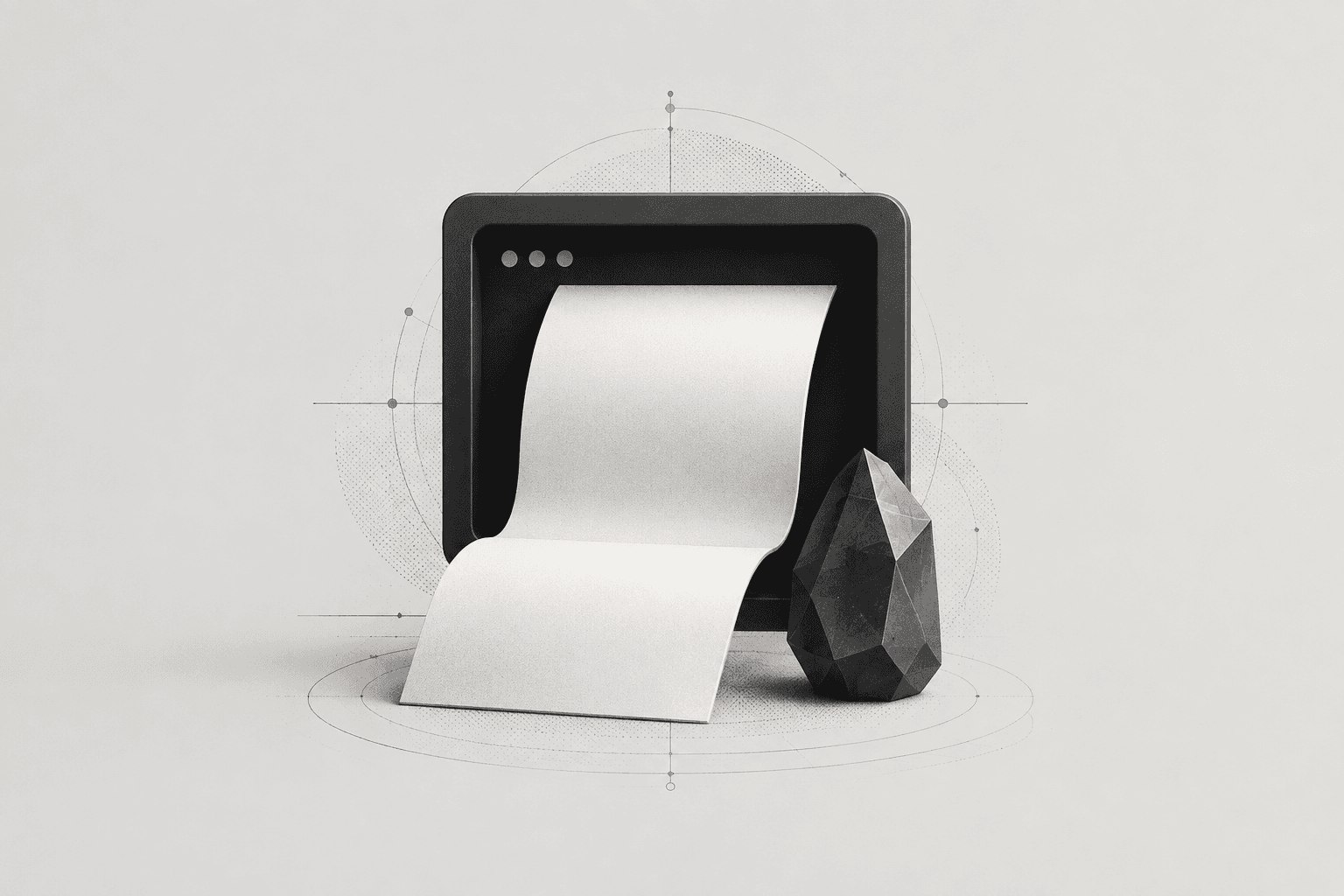 A folded sheet emerging from a dark terminal frame beside a faceted graphite crystal.
