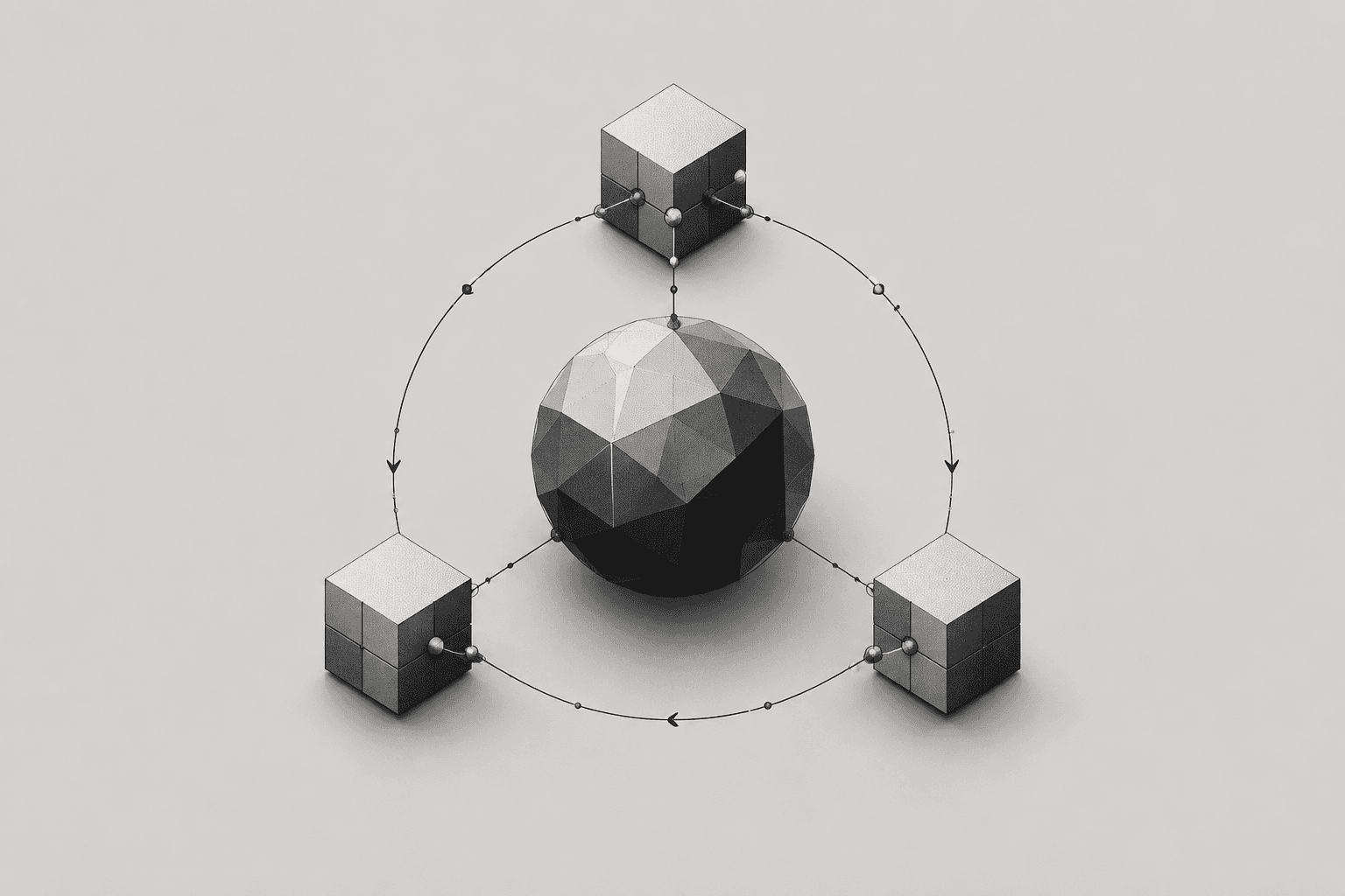 A faceted sphere connected to three cubes by thin feedback loops.
