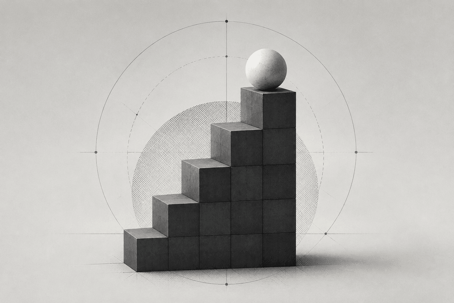 Repeated graphite blocks forming a staircase with a pale sphere at the summit.