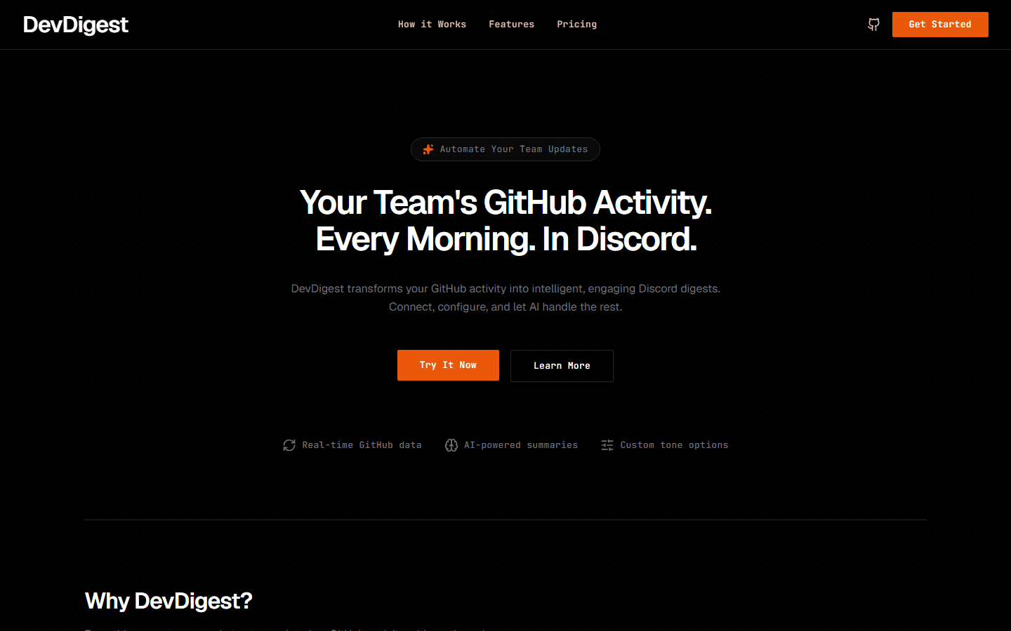 DevDigest website showing its GitHub activity digest introduction