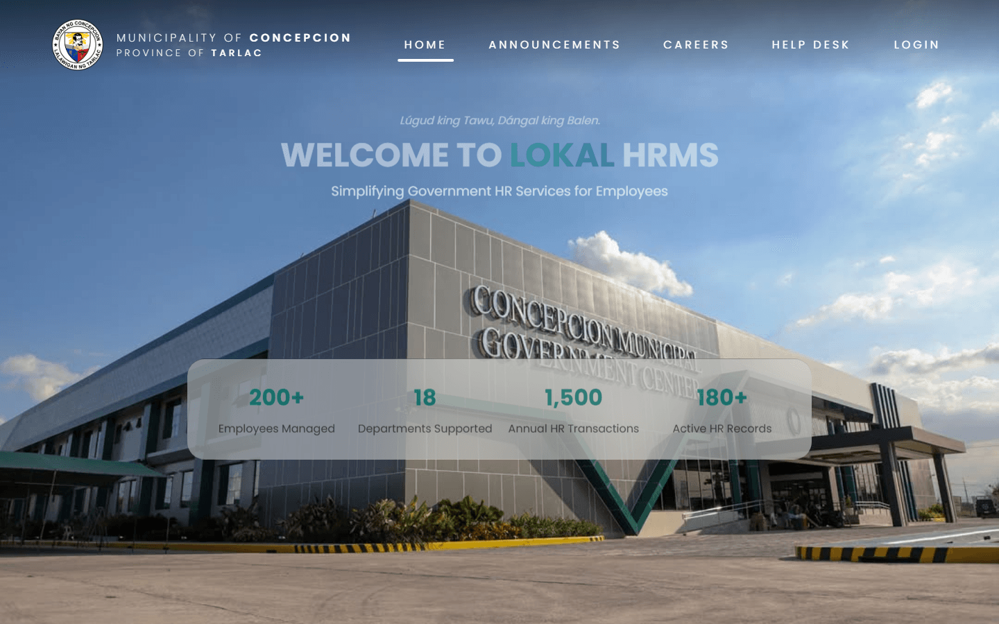 Municipal HRMS website with the Concepcion municipal hall and employee portal
